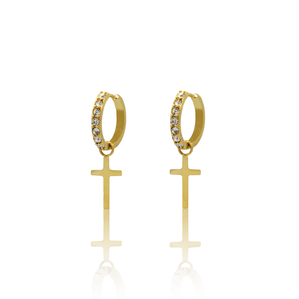 Gold Diamond Hoop Cross Earrings - Somewhere Someday